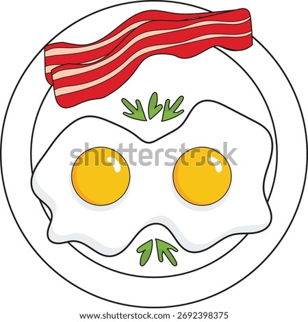 Delicious breakfast plate with sunny side up eggs and bacon. Cartoon style freshly cooked healthy homemade food for morning meal.
