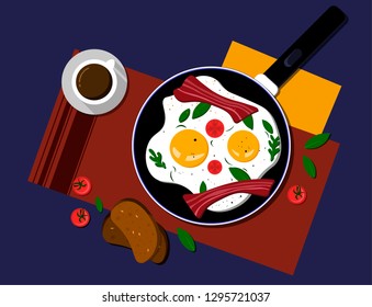 Delicious breakfast: scrambled eggs with bacon and tomatoes, cereal bread and a cup of coffee