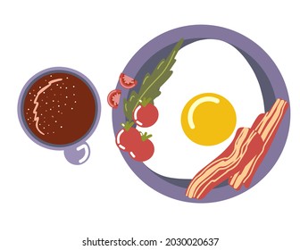 Delicious breakfast scrambled eggs with bacon and cherry tomatoes, arugula salad, hot drink, plate with breakfast food, cup of coffee, hand-drawn, flat style, isolated background, vector illustration