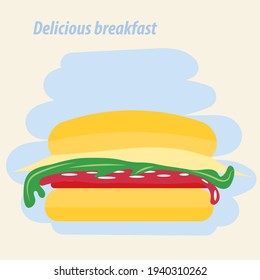 A delicious breakfast set. Sandwich with cheese and sausage.