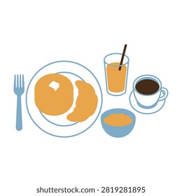 Delicious breakfast setting with pancakes bacon orange juice and coffee on a table