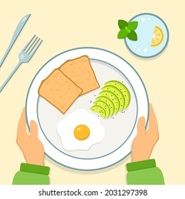 A delicious breakfast of slices of bread, egg, avocado on a plate with a glass of water with lemon and mint. The plate is in hand.