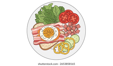 Delicious breakfast spread featuring fried egg crispy bacon sliced tomatoes cucumbers and salad greens on a white plate