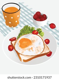 Delicious breakfast Vector illustration. A fluffy omelette with a slice of toast is also on the plate, along with a glass of orange juice and a cup of strawberries. for cookbook, website, advertising