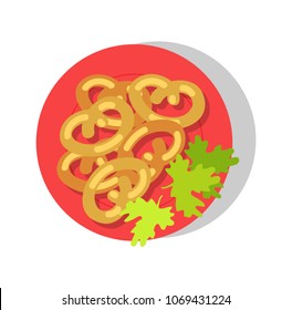 Delicious brezel on round plate colorful banner, vector illustration, parsley salad leaves, tasty brezels bakery set, beer snack, dish presentation