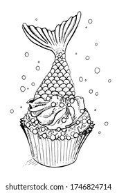 Delicious bright cupcake with decorative design. Element for greeting cards, print for clothes, stickers, design. Coloring for children and adults, Vector.