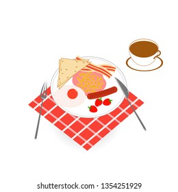 Delicious British breakfast coffee sausage omelette