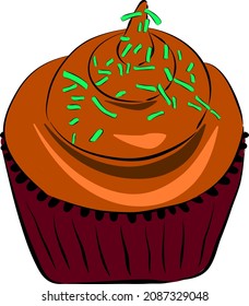 Delicious brown brownie as a vector illustration. Above there are small green crumbs.