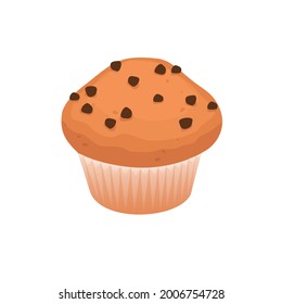 Delicious brown muffin with milk chocolate on a white background. A vector image of a cupcake. Insulated cake.