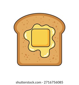Deliciosa rebanada de pan tostado marrón con mantequilla derretida icono de Ilustración vectorial de palmadita en estilo de dibujos animados plano aislado