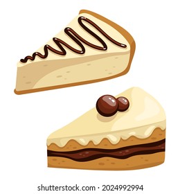 Delicious brownie cake, pie with chocolate icing and butter cream. Cartoon vector graphics.