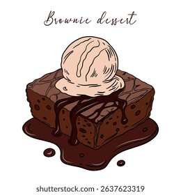 Delicious brownie dessert pastry with whipped cream and ice cream. Sweet treat goods bakery culinary and super tasty. Baked snack outline art