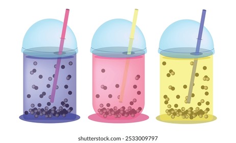 Delicious bubble tea milk drink with floating tapioca in transparent cups on white background, bubble tea cups isolated, tea drink consisting of milk tea and fruit juice with the addition of tapioca b