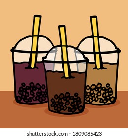 Delicious Bubble Tea Trio: Infuse deliciousness into your visuals with this enticing illustration of chocolate, taro, and mocha-flavored bubble tea. The thin black outline against a brown background 