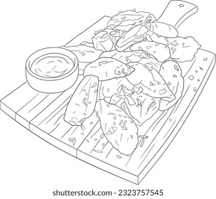 Delicious Buffalo Wings American Foods in Cutting Board Black and White Line Art Illustration