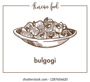 Delicious bulgogi in bowl from traditional Korean food. Barbecue dish of marinated beef or veal. Meat slices with spices and vegetables isolated monochrome vector illustration on white background.