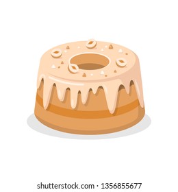 Delicious bundt Cake with Nuts Vector Illustration. Sweet Dessert Color Cartoon Drawing. Tasty Pudding with Glaze. Pastry Shop, Confectionery, Buffet, Bakery Isolated Design element