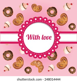 Delicious buns, croissants and donuts as background. St. Valentine's day postcard.
