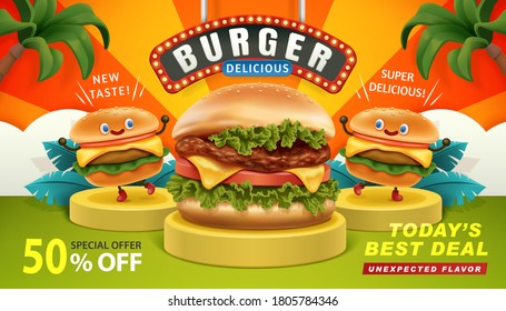 Delicious burger ad banner in 3d illustration with three burgers on podium against colorful tropical background