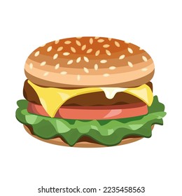 Deliciosa hamburguesa con carne de res, lechuga, tomates, queso, salsa, aislada en un fondo blanco.Ilustración vectorial de los menús del restaurante, etiquetas, diseños de comida rápida.

