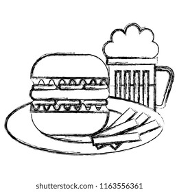 delicious burger with beer and french fries