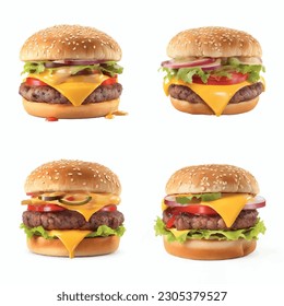 Delicious Burger Bonanza: 3D Cheeseburger Collection on White Background with Juicy Fillings and Savory Ingredients. Vector graphics for restaurants and food delivery and menus