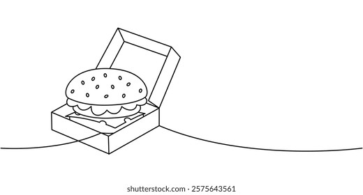 Delicious burger in cardboard box one line continuous drawing. Traditional American fast food. Vector illustration.