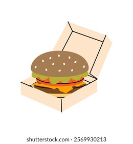 Delicious burger in cardboard box. Traditional American fast food. Vector illustration.