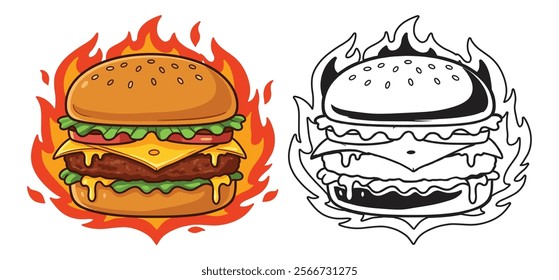 Delicious Burger Cheese With Fire in vector illustration with white background 