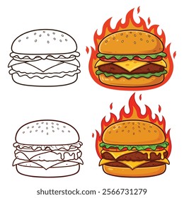 Delicious Burger Cheese With Fire in vector illustration with white background 
