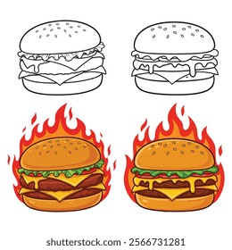 Delicious Burger Cheese With Fire in vector illustration with white background 