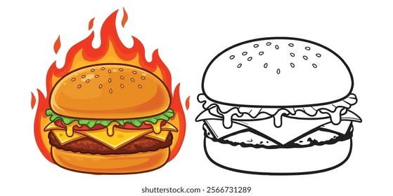 Delicious Burger Cheese With Fire in vector illustration with white background 
