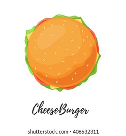 Delicious Burger closeup bun top view. Cheeseburger isolated on white background. Original vector burger illustration cartoon style