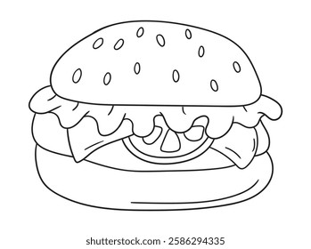 Delicious burger coloring page with a simple outline design. Great for food lovers, kids, and adults. Ideal for printable coloring books and digital artwork