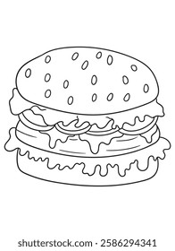 Delicious burger coloring page with a simple outline design. Great for food lovers, kids, and adults. Ideal for printable coloring books and digital artwork