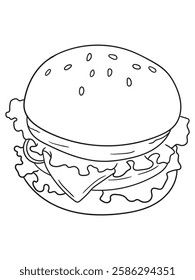 Delicious burger coloring page with a simple outline design. Great for food lovers, kids, and adults. Ideal for printable coloring books and digital artwork