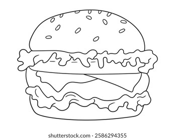 Delicious burger coloring page with a simple outline design. Great for food lovers, kids, and adults. Ideal for printable coloring books and digital artwork