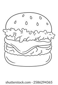 Delicious burger coloring page with a simple outline design. Great for food lovers, kids, and adults. Ideal for printable coloring books and digital artwork