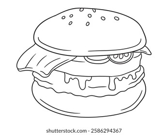 Delicious burger coloring page with a simple outline design. Great for food lovers, kids, and adults. Ideal for printable coloring books and digital artwork