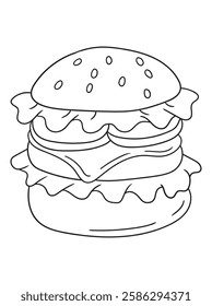 Delicious burger coloring page with a simple outline design. Great for food lovers, kids, and adults. Ideal for printable coloring books and digital artwork