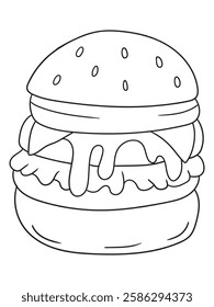 Delicious burger coloring page with a simple outline design. Great for food lovers, kids, and adults. Ideal for printable coloring books and digital artwork