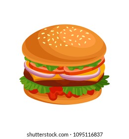 Delicious burger with cutlet, cheese, fresh vegetables and ketchup. Fast food theme. Flat vector design for cafe or restaurant menu