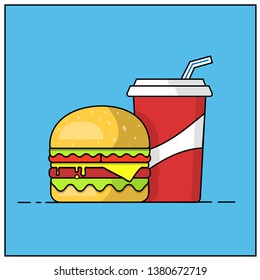 Delicious  burger and drink flat design. Vector. Illustration. 