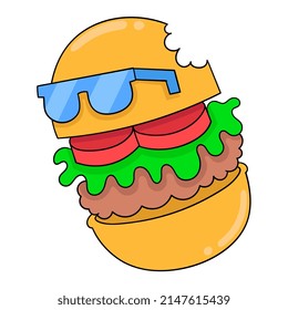delicious burger face wearing blue glasses, vector illustration art. doodle icon image kawaii.