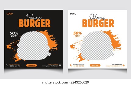 Delicious burger fast food social media post promotion square banner template,  Fast food social media template for restaurant. burger social media banner 