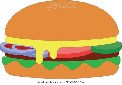 Deliciosa hamburguesa. Comida rápida en vectores. Hamburguesa de queso con cebollas, tomate, pepinos, carne