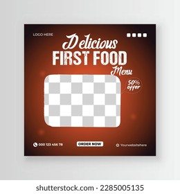 Delicious burger and first food menu social media post design within Fresh Pizza, burger, and other foods