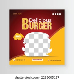 Delicious burger and first food menu social media post design within Fresh Pizza, burger, and other foods