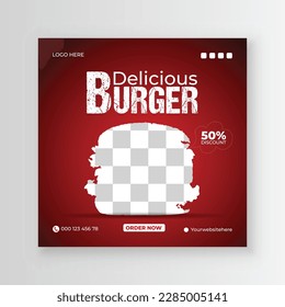 Delicious burger and first food menu social media post design within Fresh Pizza, burger, and other foods