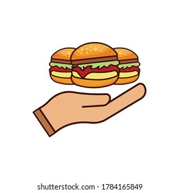 Köstliches Hamburger-Flachsymbol und Handsymbol. Vorlagenvektor erstellen